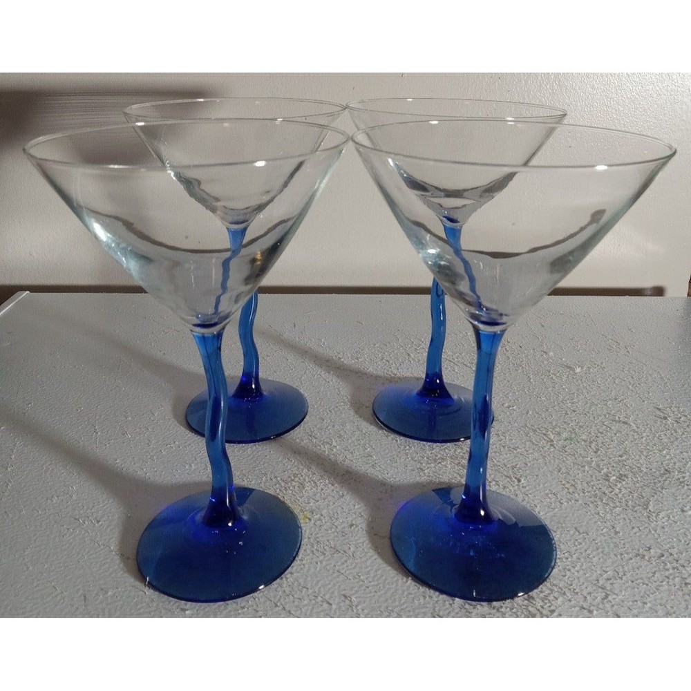 Vintage Cobalt Blue Crooked Stem Martini Glasses